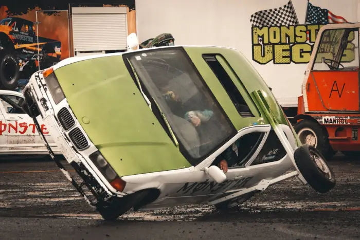 Free High-energy car stunt captured at Monster Vegas event, showcasing thrilling action and skill. Stock Photo