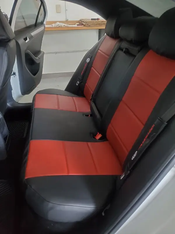 Red and black Sof-Touch Leatherette seat covers are like OEM leather